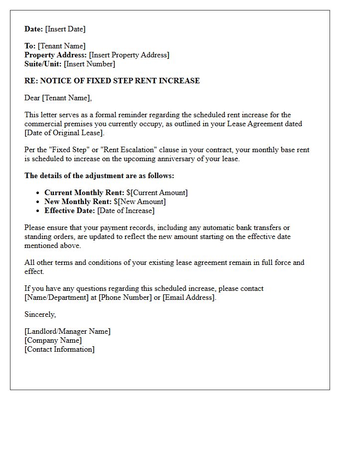 Fixed Step Commercial Lease Rent Increase Notice Letter