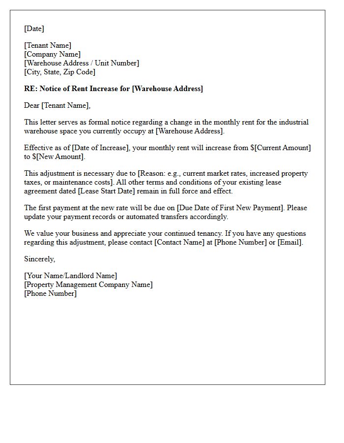 Industrial Warehouse Rent Increase Notice Letter