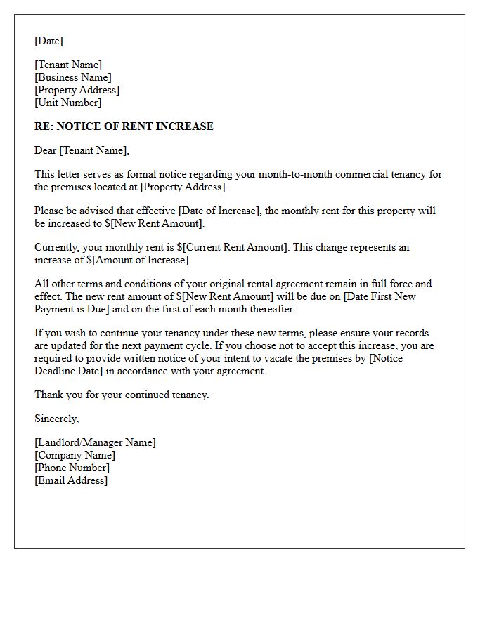 Month-To-Month Commercial Tenancy Rent Increase Letter