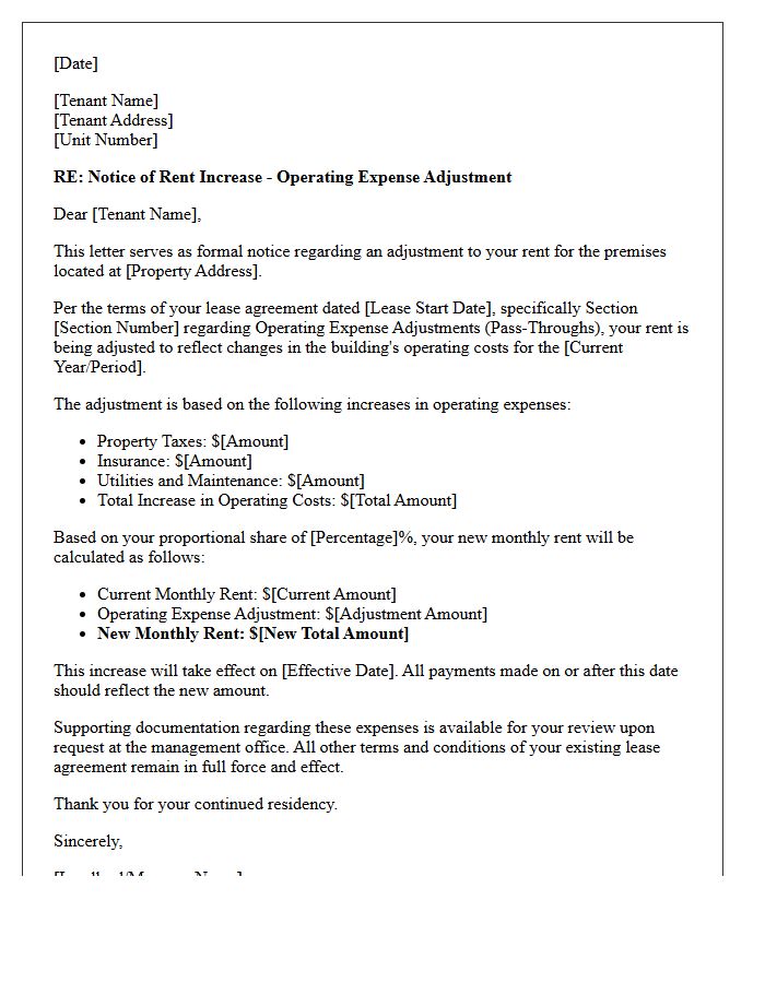 Operating Expense Adjustment Rent Increase Notice Letter