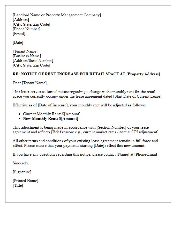 Retail Space Commercial Rent Increase Notice Letter