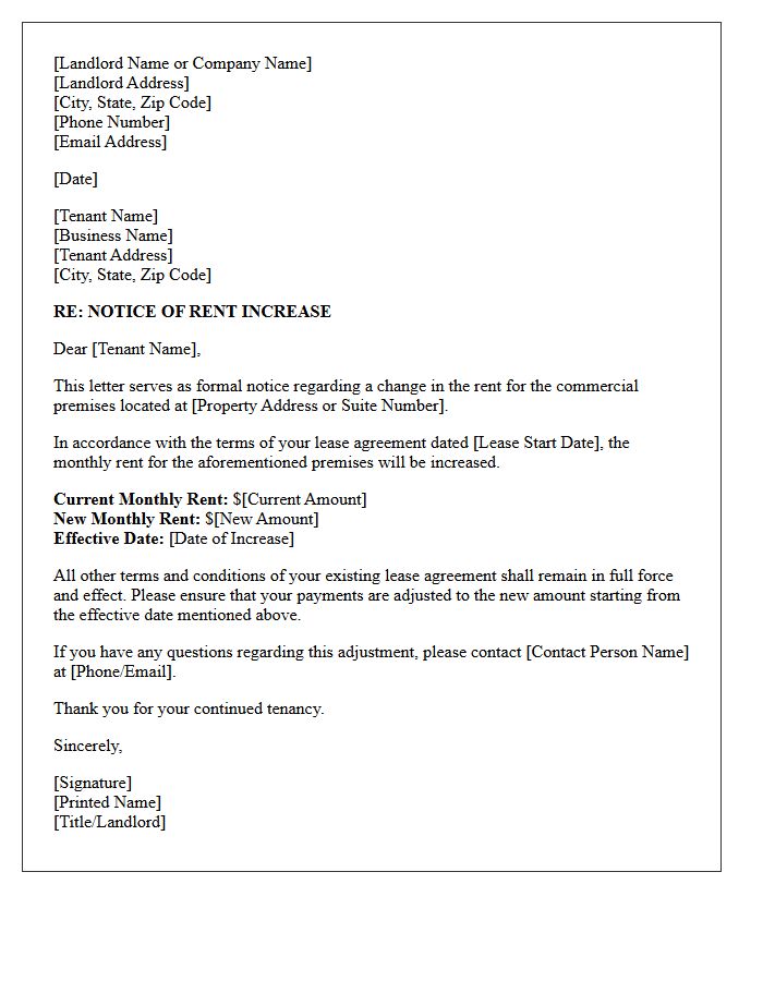 Standard Commercial Lease Rent Increase Notice Letter