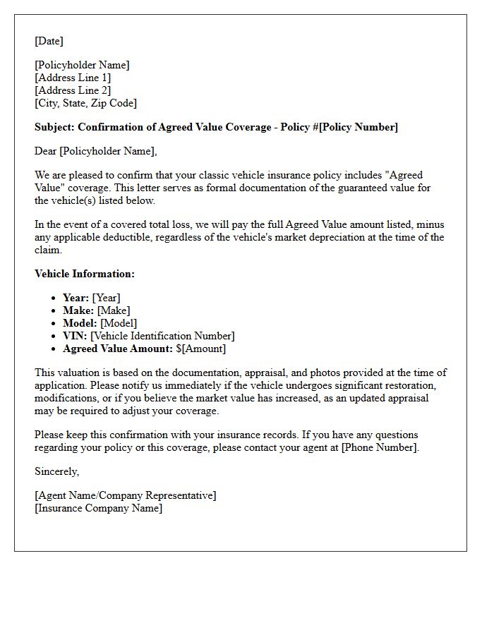 Classic Car Agreed Value Coverage Confirmation Letter