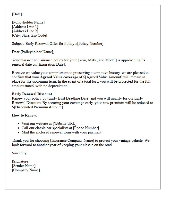 Classic Car Agreed Value Early Renewal Discount Letter