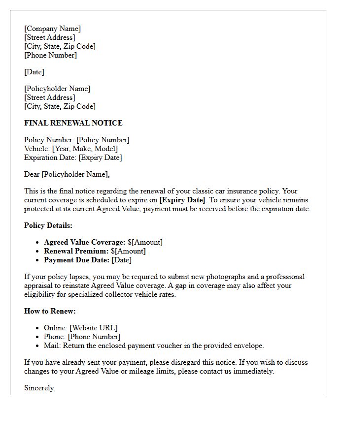 Classic Car Agreed Value Final Renewal Notice Letter