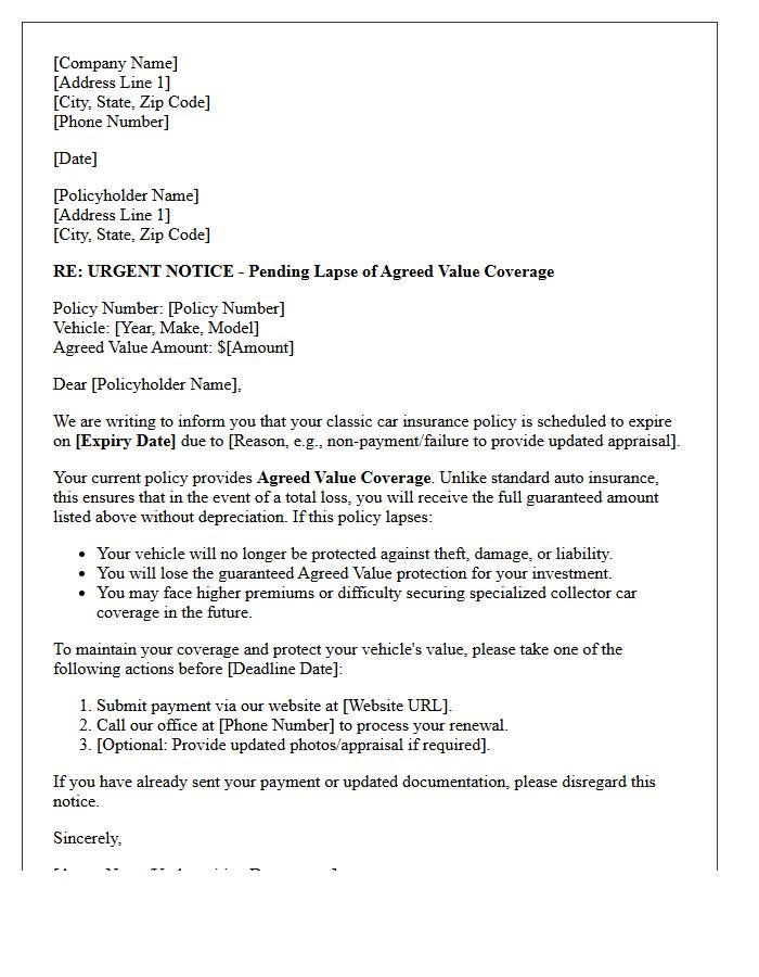 Classic Car Agreed Value Insurance Lapse Warning Letter