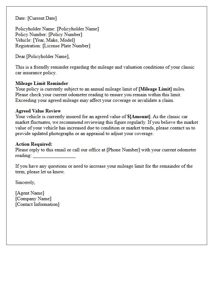 Classic Car Agreed Value Mileage Limit Reminder Letter