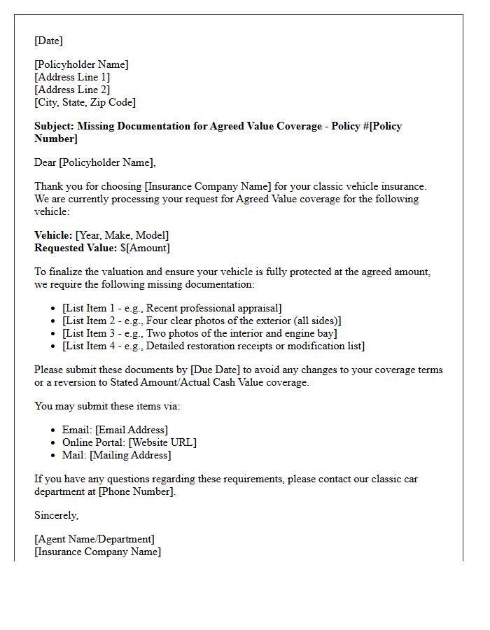 Classic Car Agreed Value Missing Documentation Notification Letter