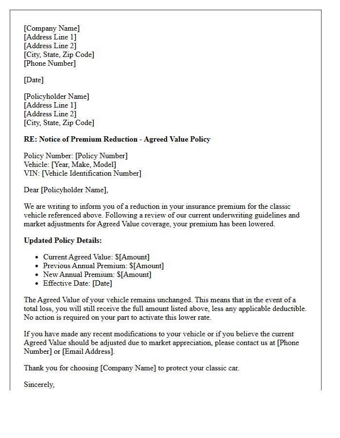 Classic Car Agreed Value Premium Reduction Notice Letter