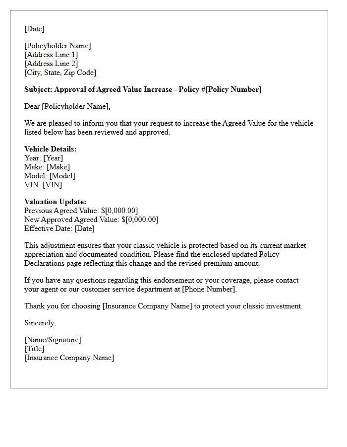 Classic Car Agreed Value Valuation Increase Approval Letter