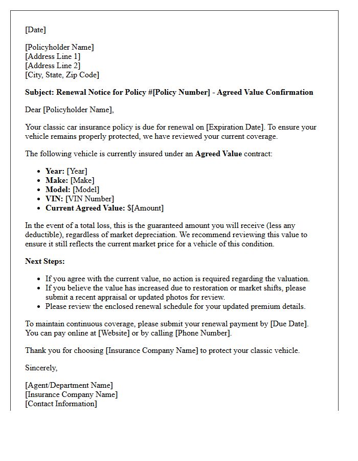 Standard Classic Car Agreed Value Renewal Letter