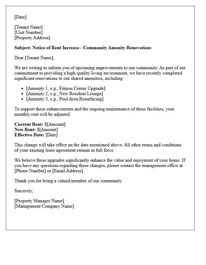 Community Amenity Renovation Rent Increase Letter