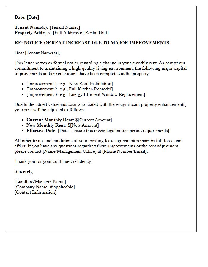 Major Property Improvement Rent Increase Notice Letter