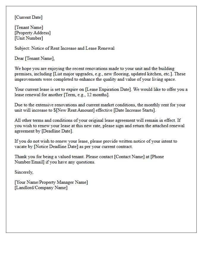 Post-Renovation Lease Renewal Rent Increase Letter