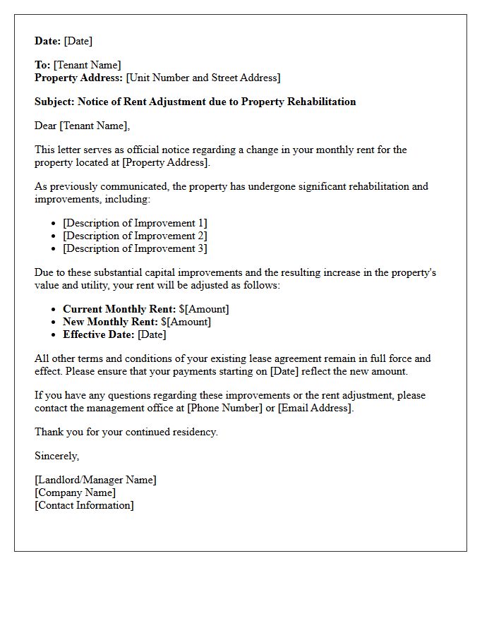 Property Rehabilitation Rent Adjustment Notice Letter
