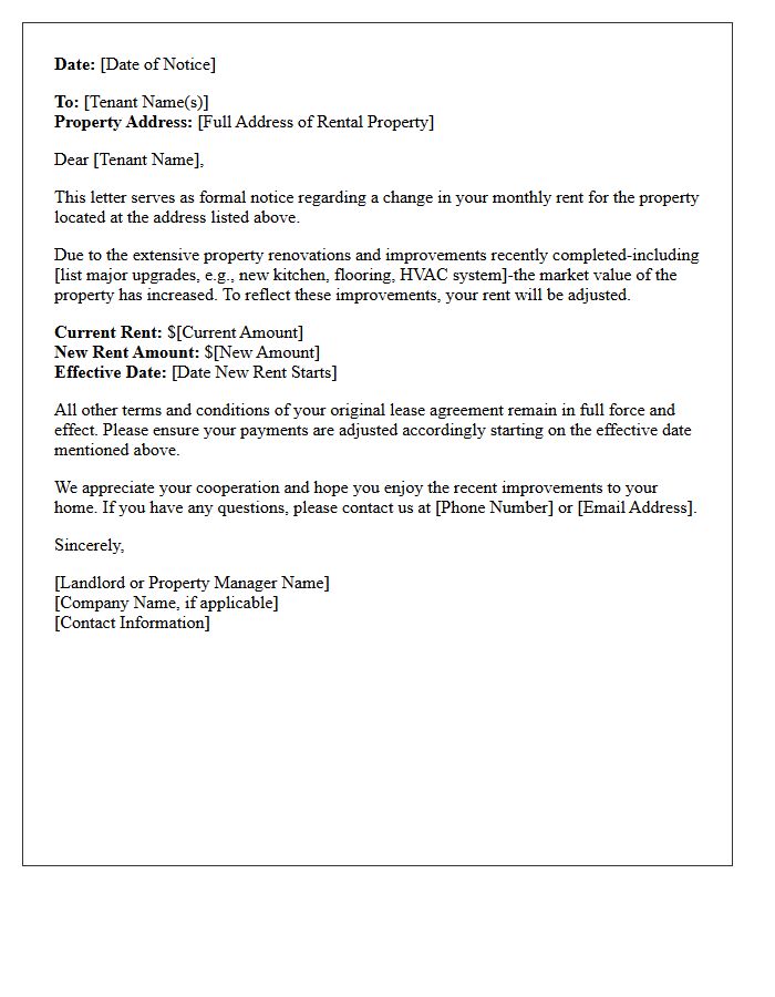 Standard Property Renovation Rent Increase Notice Letter