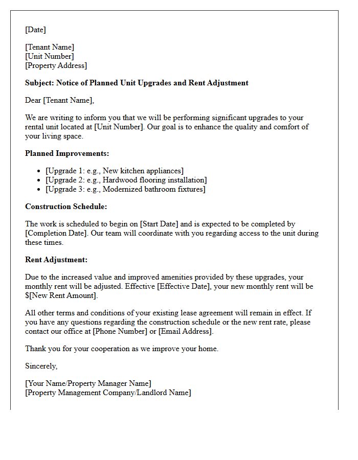 Unit Upgrade and Adjusted Rent Notice Letter
