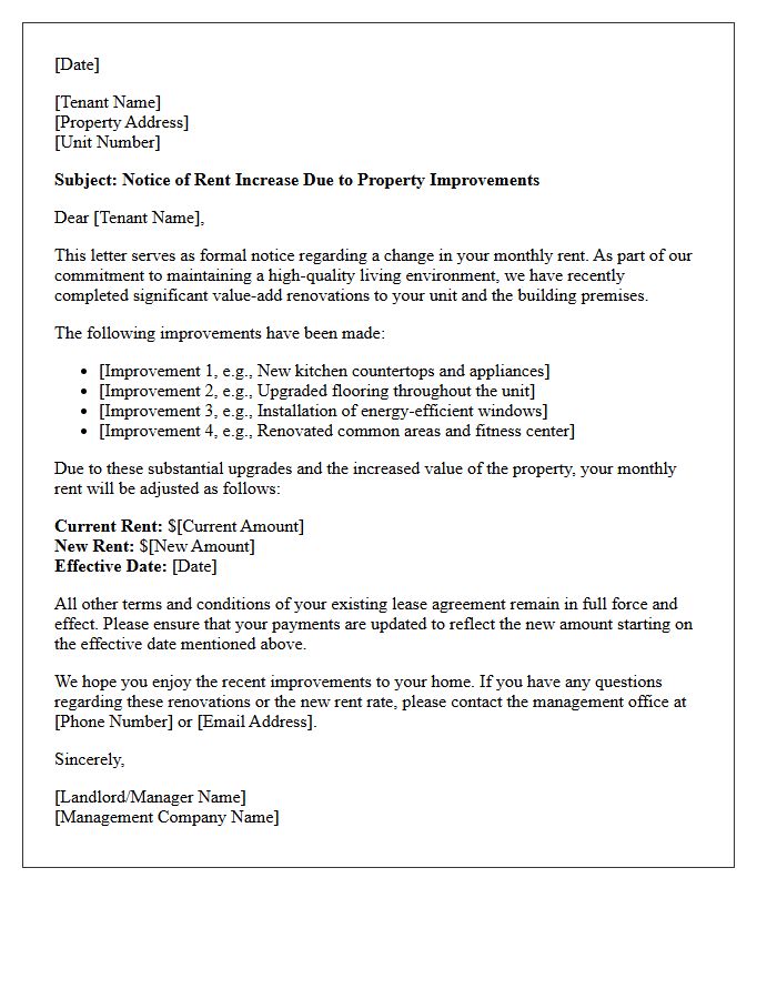 Value-Add Renovation Rent Increase Notice Letter