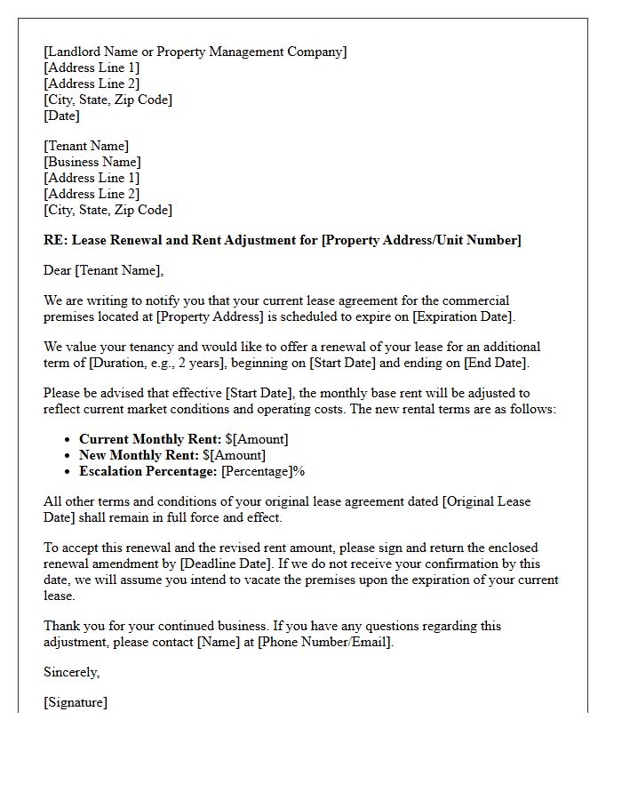 Commercial Property Lease Renewal and Rent Escalation Letter