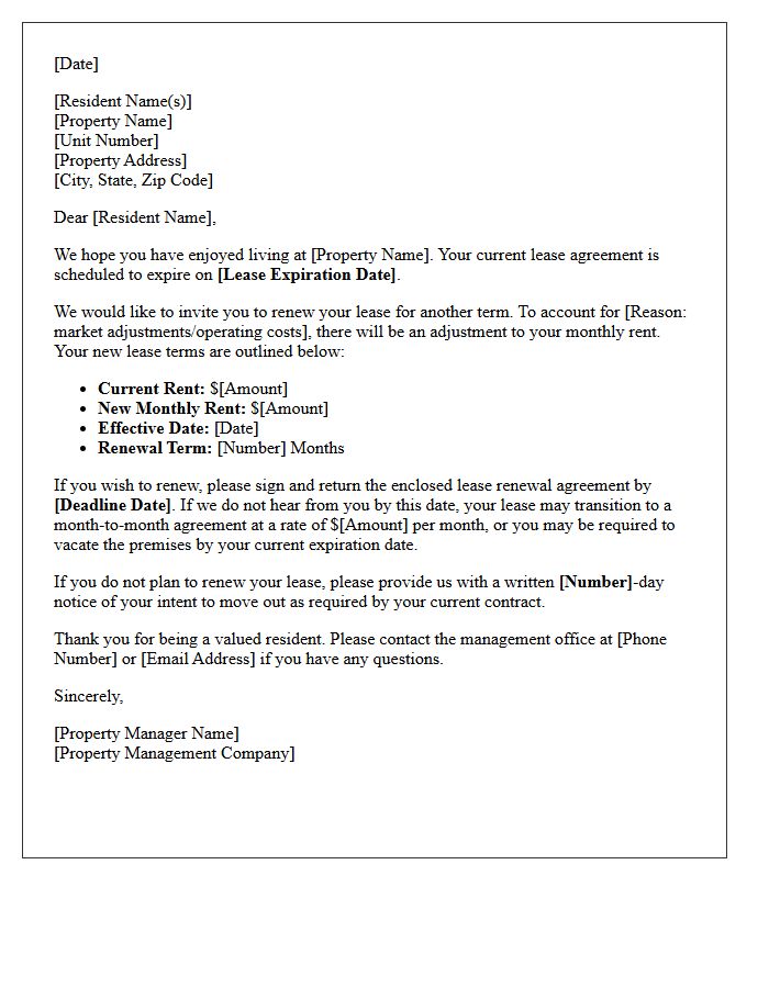 Multifamily Housing Lease Renewal and Rent Adjustment Letter