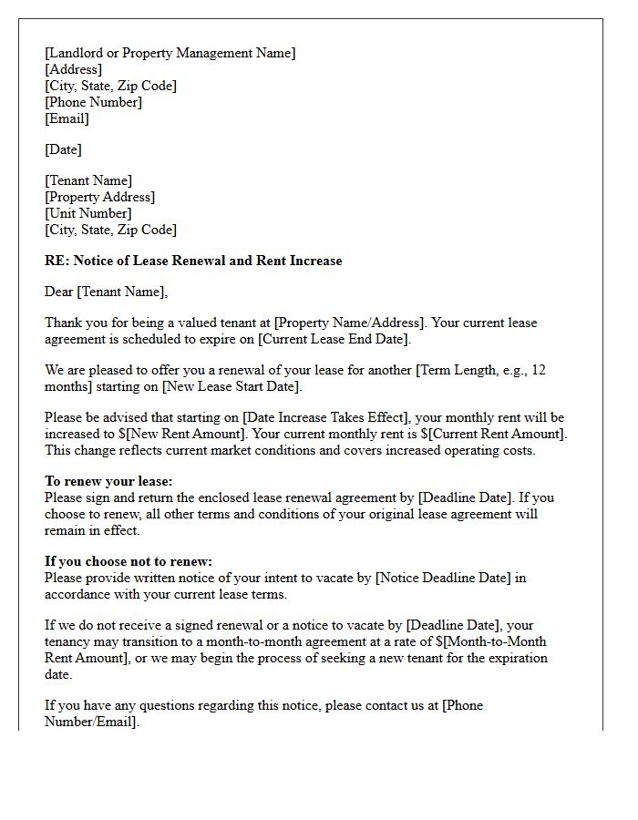Standard Lease Renewal and Rent Increase Notice Letter