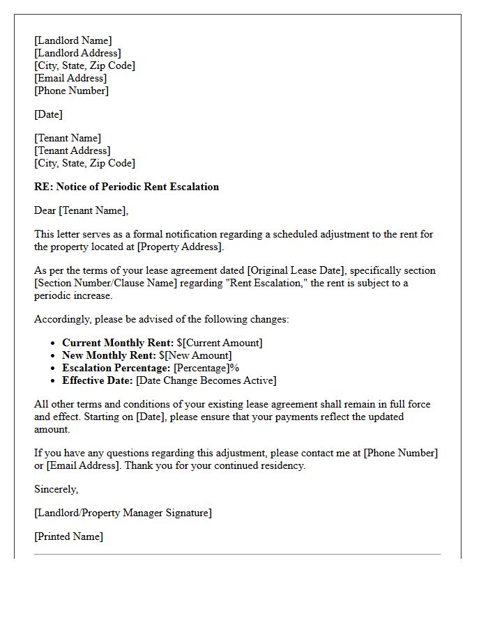 Periodic Rent Escalation Agreement Letter