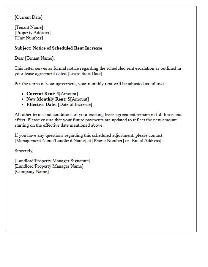Scheduled Rent Escalation Notice Letter