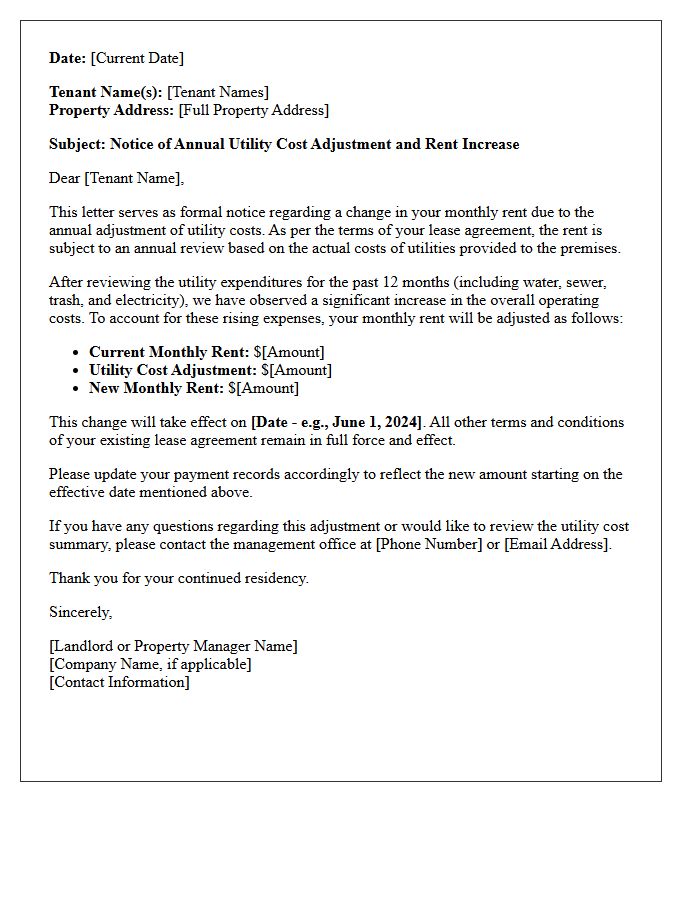 Annual Utility Cost Adjustment Rent Increase Letter