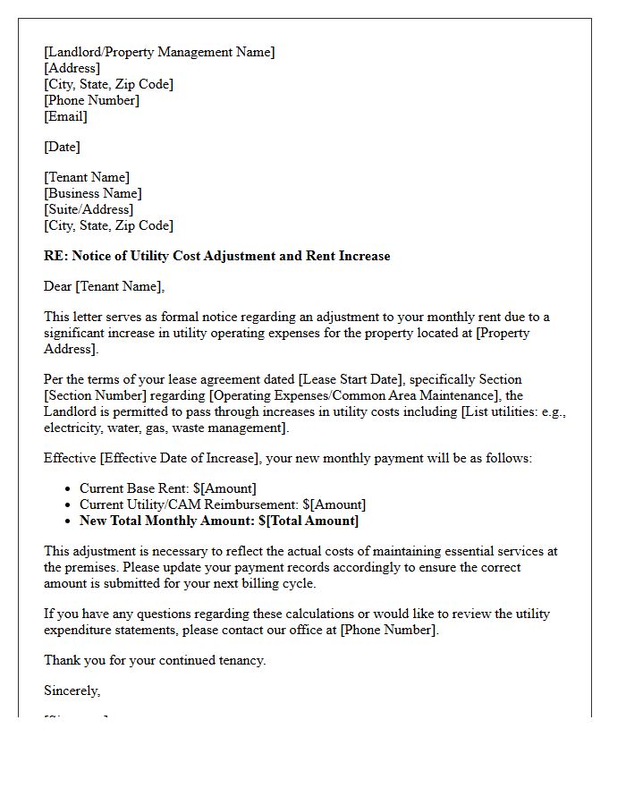 Commercial Property Utility Adjustment Rent Increase Letter