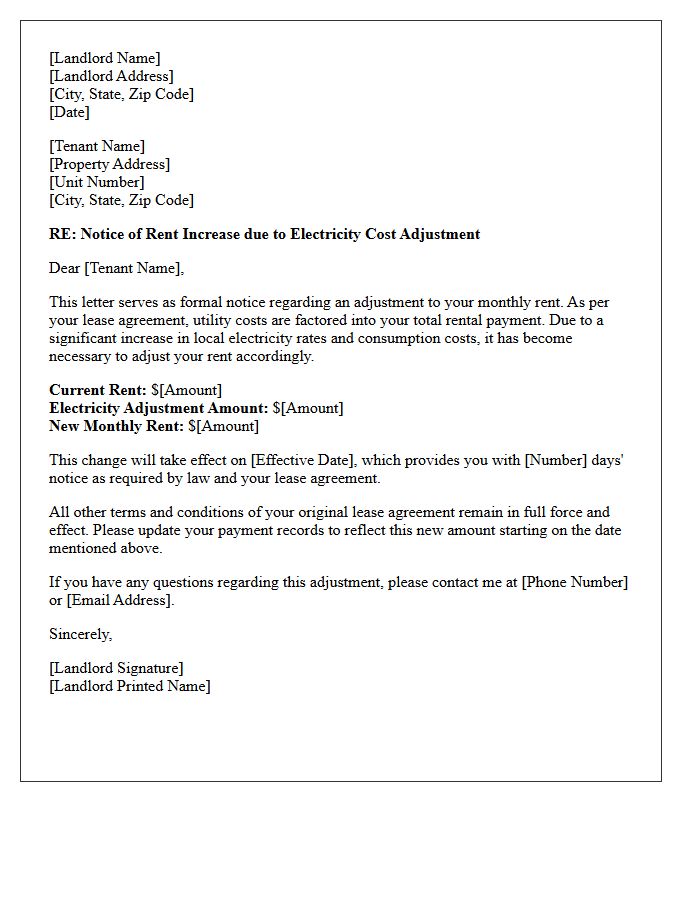 Electricity Cost Adjustment Rent Increase Letter