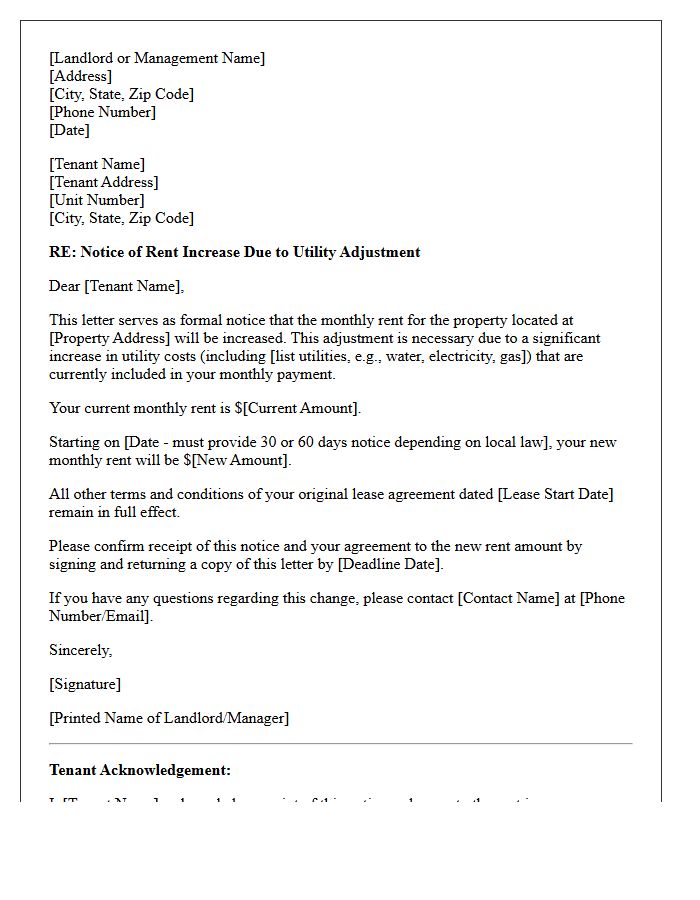 Notice of Rent Increase Due to Utility Adjustment Letter