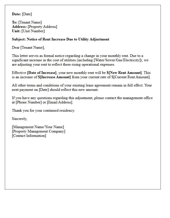 Property Management Utility Adjustment Rent Increase Letter