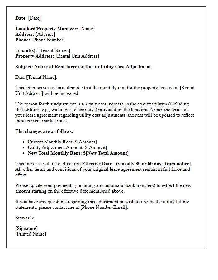 Residential Utility Cost Adjustment Rent Increase Letter