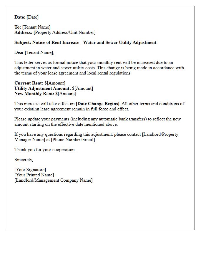 Water and Sewer Utility Adjustment Rent Increase Letter