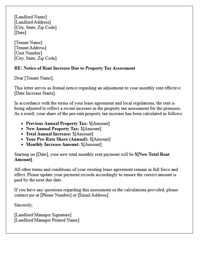 Pro-Rata Property Tax Assessment Rent Increase Letter