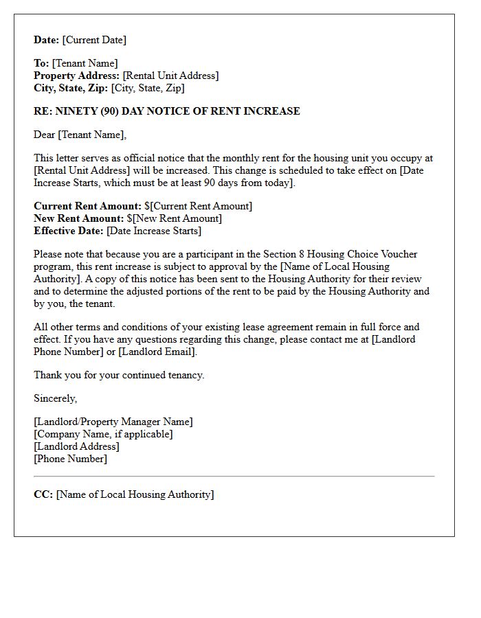 Ninety-Day Section 8 Tenant Rent Increase Notice Letter