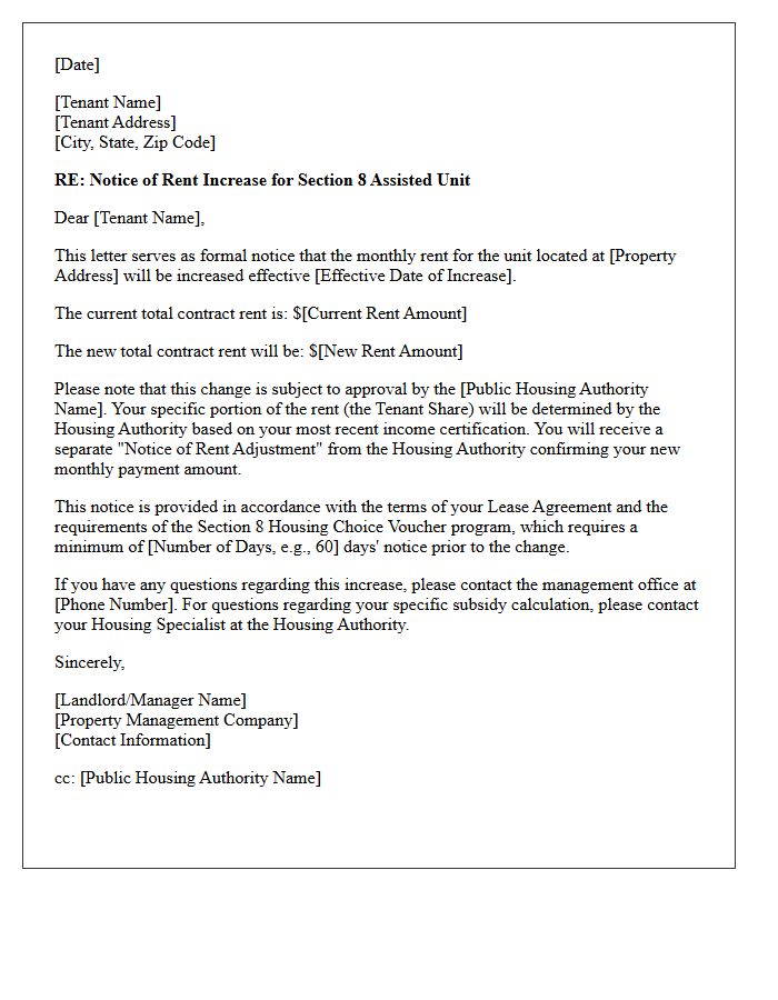 Section 8 Subsidized Housing Rent Increase Notice Letter