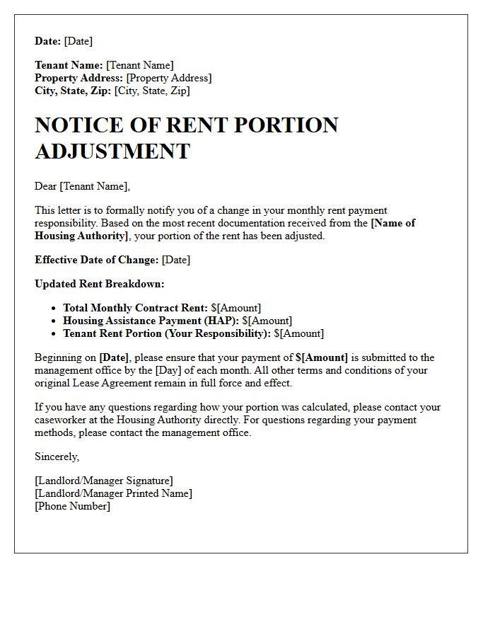 Section 8 Tenant Rent Portion Adjustment Notice Letter
