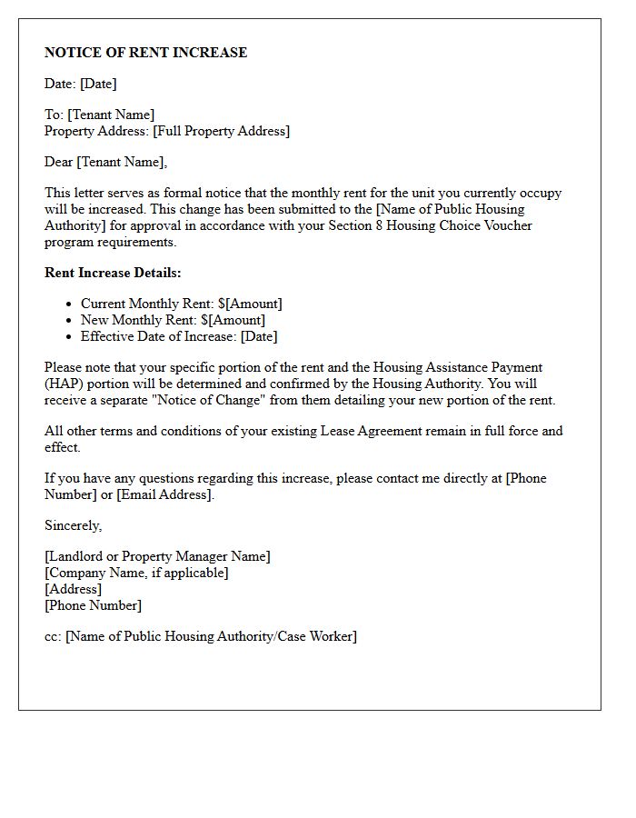 Standard Section 8 Tenant Rent Increase Notice Letter