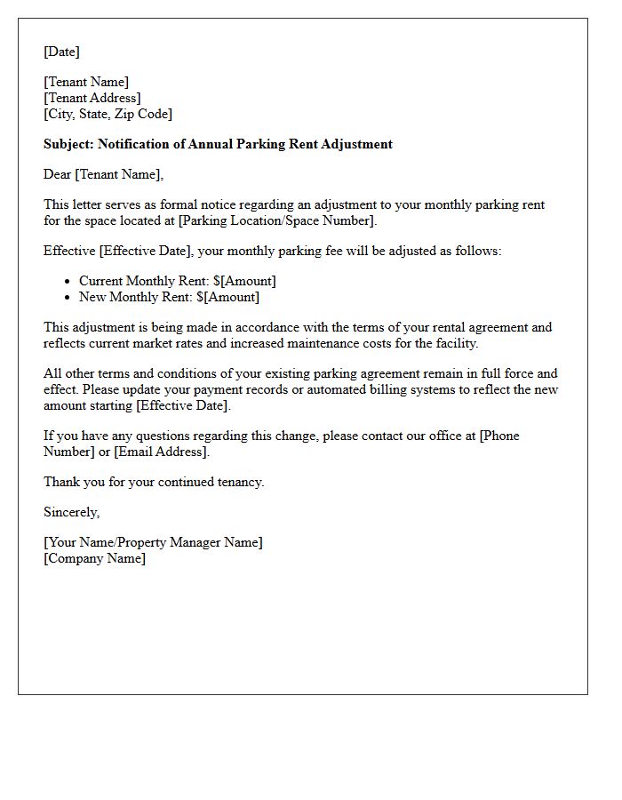 Annual Parking Rent Adjustment Notification Letter