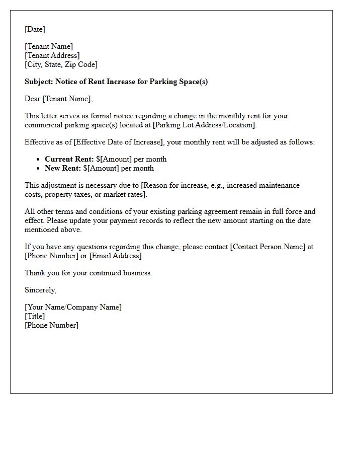 Commercial Parking Lot Rent Increase Letter