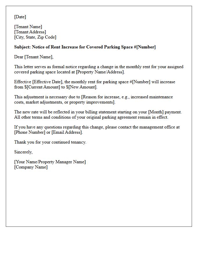 Covered Parking Space Rent Escalation Letter