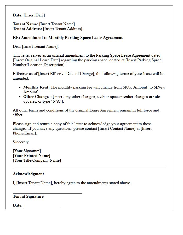 Monthly Parking Space Lease Amendment Letter