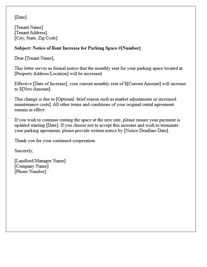 Notice of Parking Space Rent Increase Letter