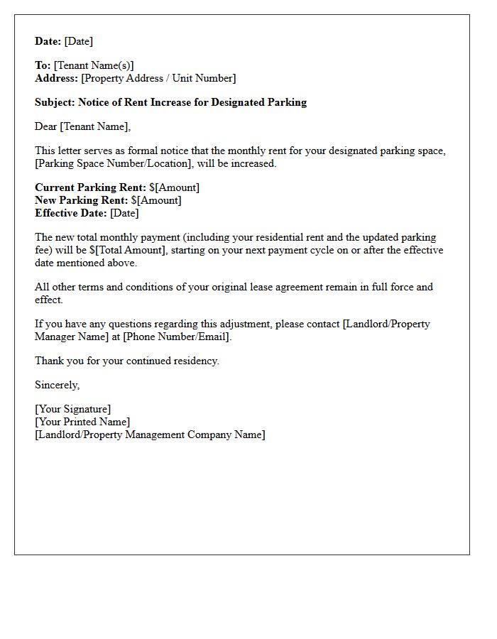 Notice of Rent Increase for Designated Parking Letter