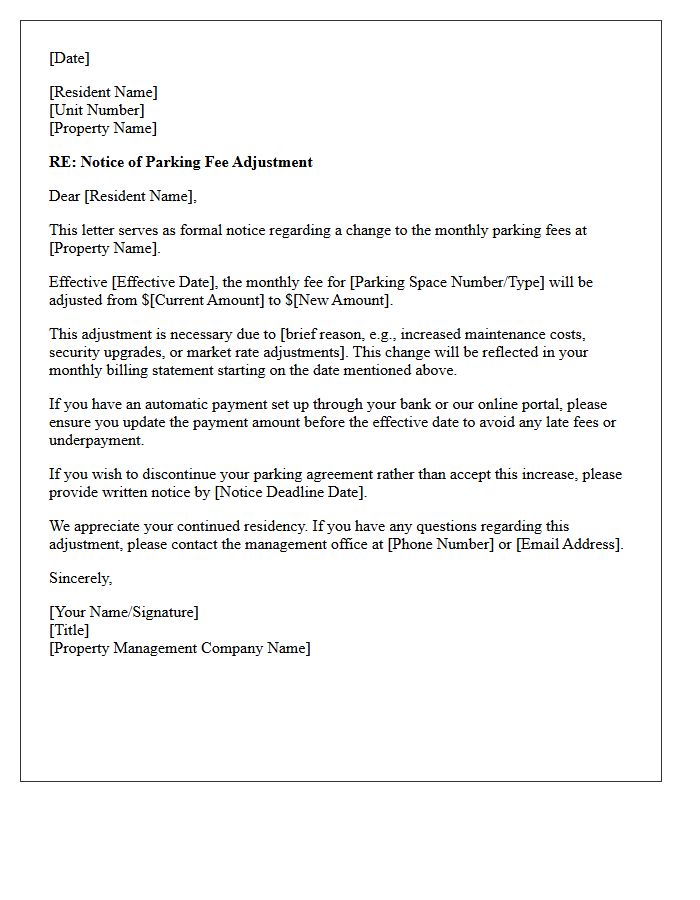 Property Management Parking Fee Adjustment Letter