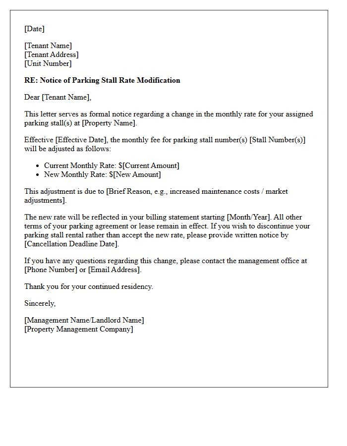Property Parking Stall Rate Modification Letter