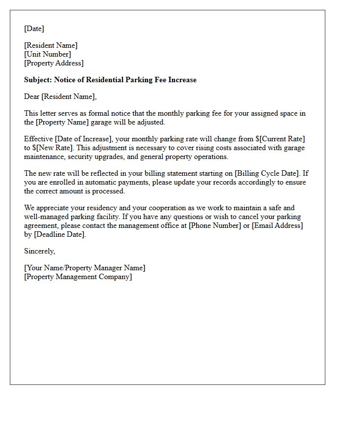 Residential Parking Garage Fee Increase Letter