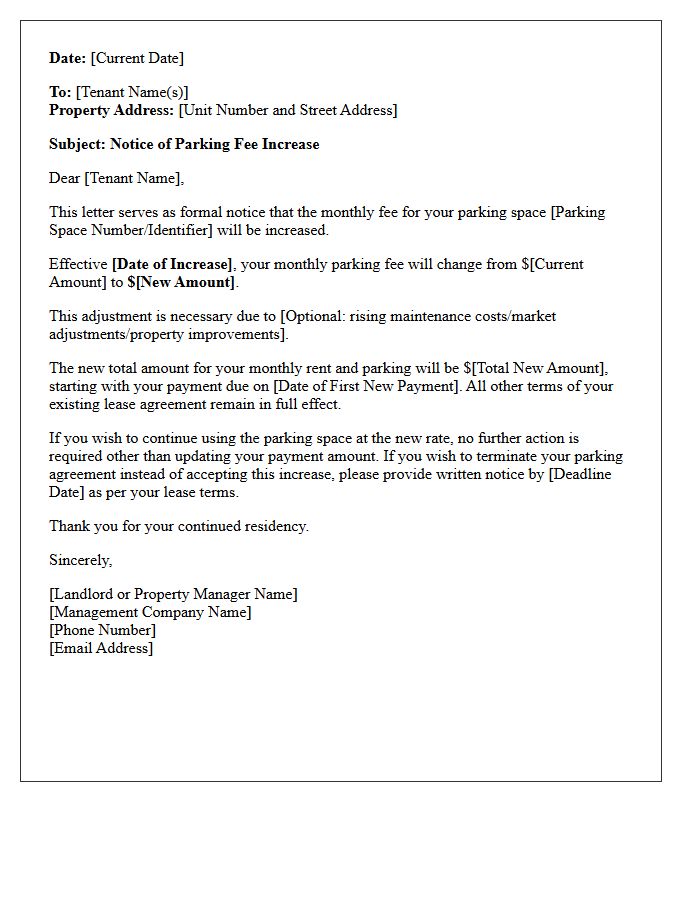 Tenant Notice of Impending Parking Fee Increase Letter