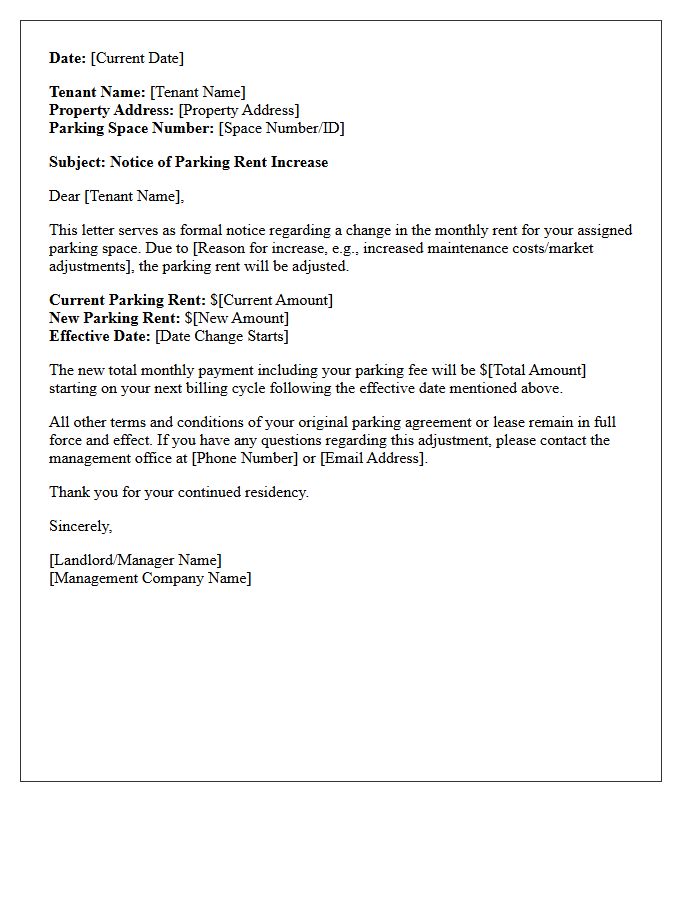 Tenant Parking Rent Rate Increase Notice Letter